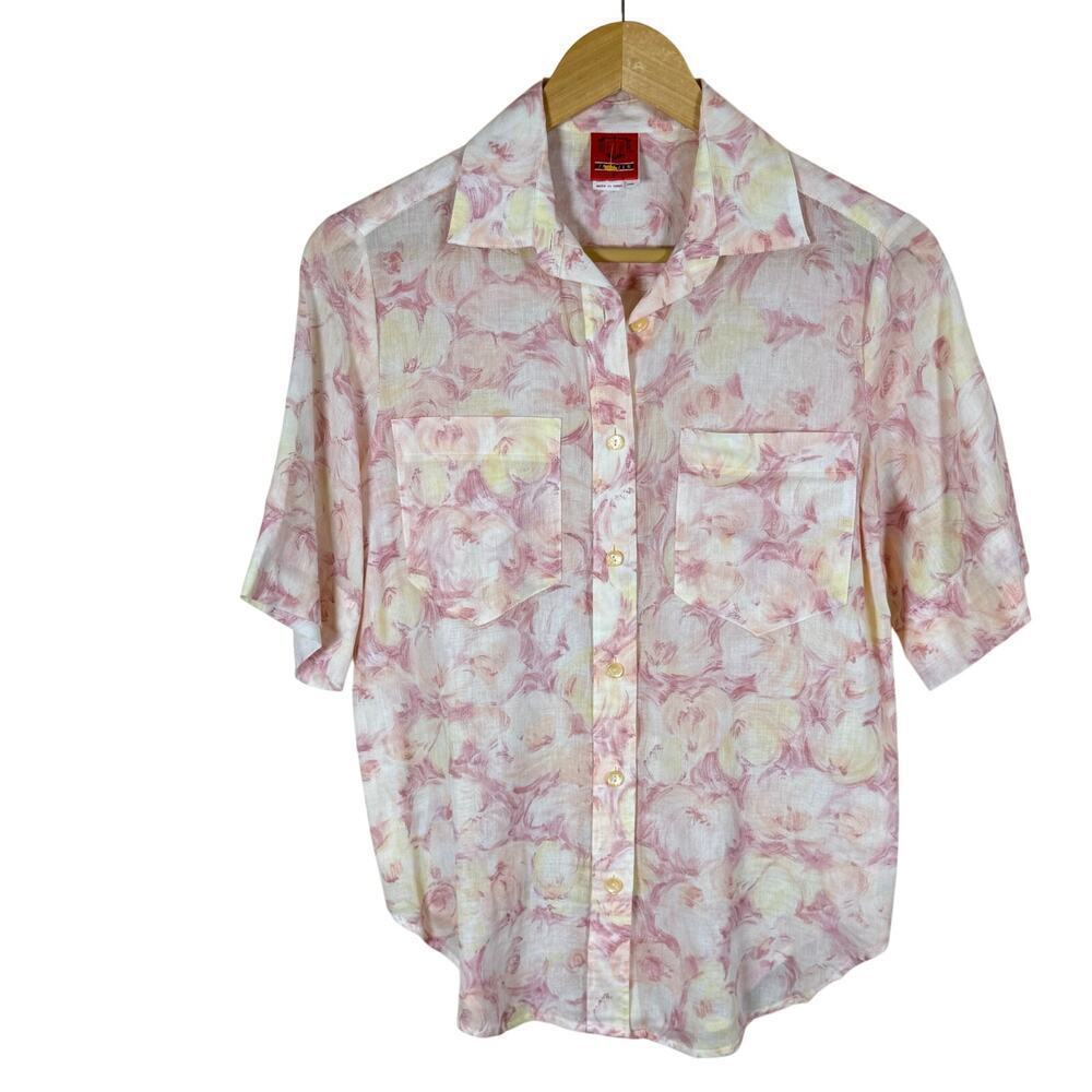 VTG Metra Jantzen Womens Top Button Down Short Sleeve 100% Cotton Floral Twee